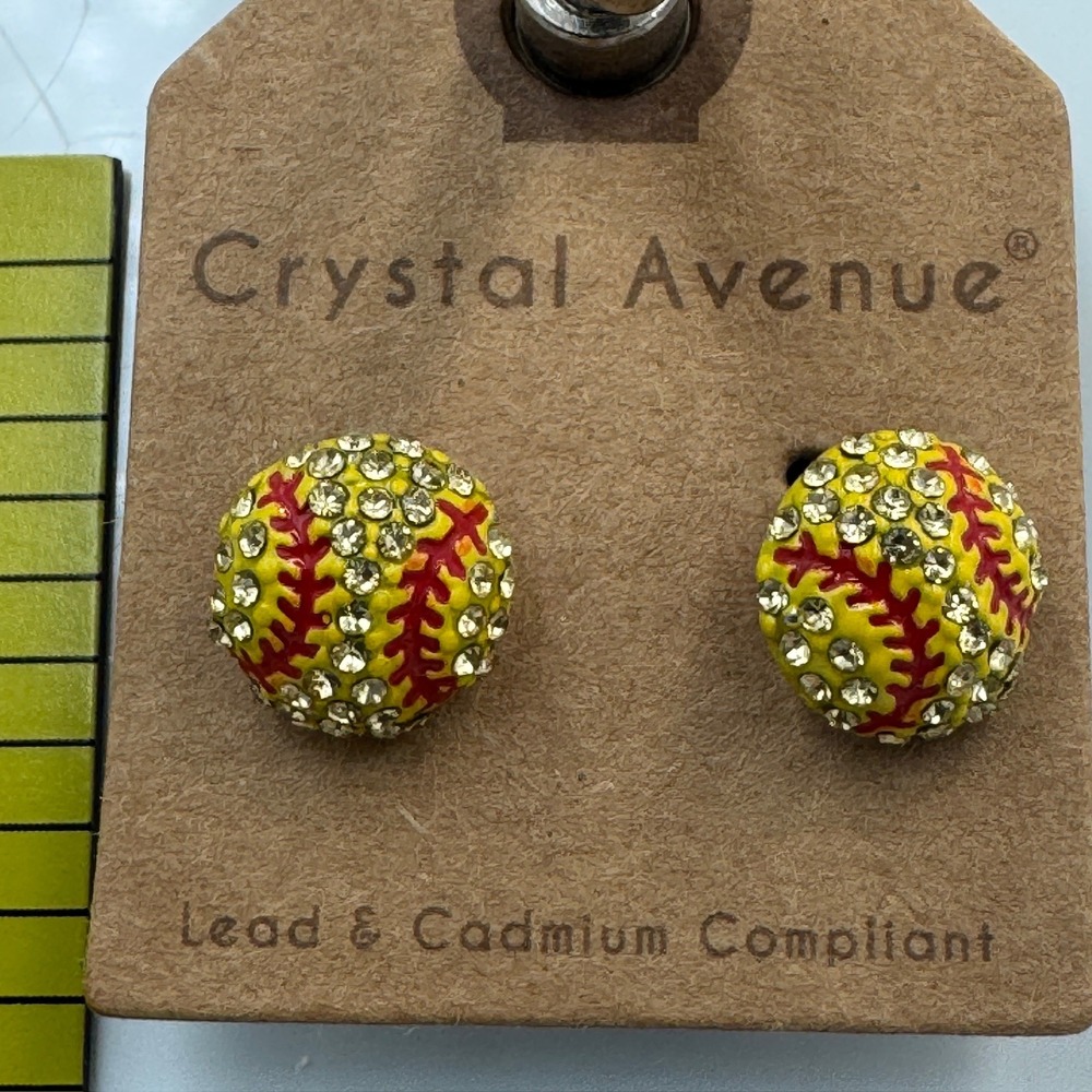 Crystal Avenue Yellow Softball Rhinestone Stud Earrings Sports Game Day E78-S70